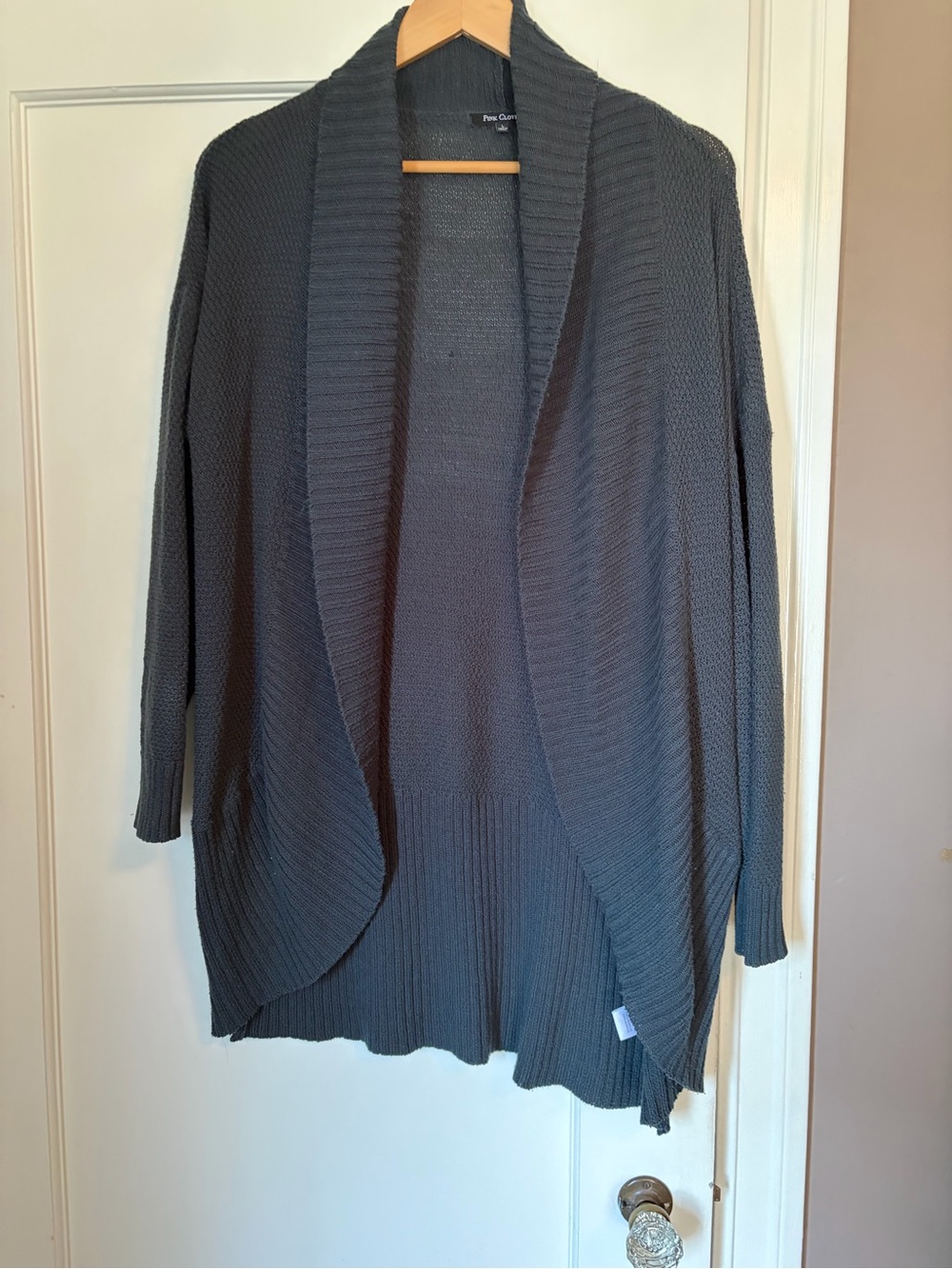 Pink Clover Open-Front Charcoal Ribbed Shawl Collar Cardigan